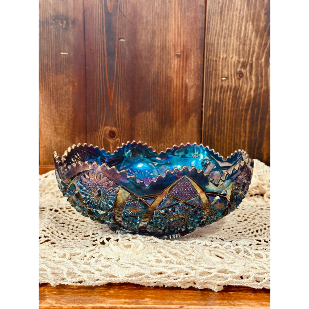 Vintage Imperial Glass Hobstars & Arches Blue Amethyst Carnival Glass Bowl 9.5”